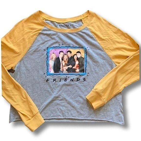 Y2K Friends Yellow Gray Raglan Crop Top Long Sleeve Size Large - Picture 1 of 6